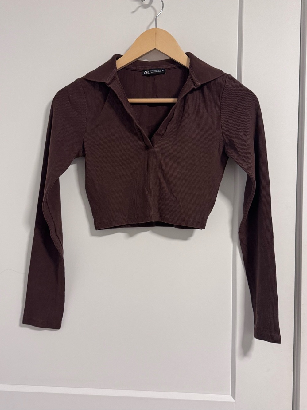 Zara Chocolate Brown Ribbed Cropped Long-Sleeve Polo Top